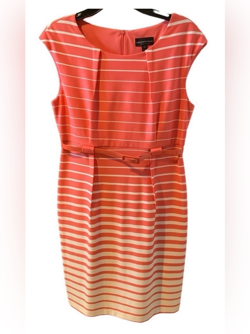 Connected Apparel Coral Striped Belted Sheath Dress Size 10 Petite!